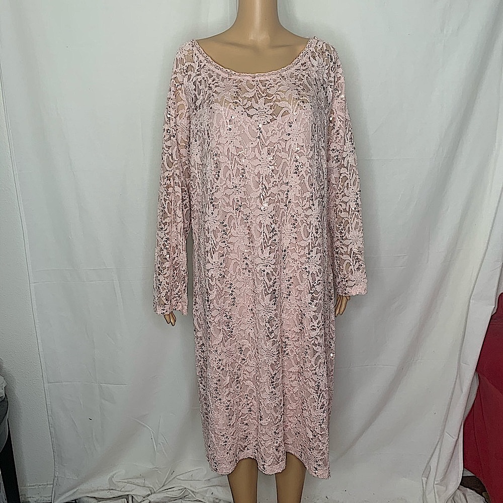 Candalite Long Sleeve Floral Lace Sequin MIDI Dress 3XL Light Pink Wide Neck